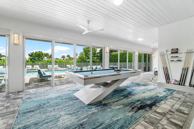 game room featuring ceiling fan, wood ceiling, and pool table