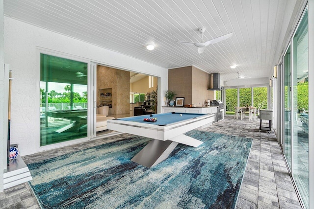 playroom featuring pool table, ceiling fan, wooden ceiling, and light hardwood / wood-style floors