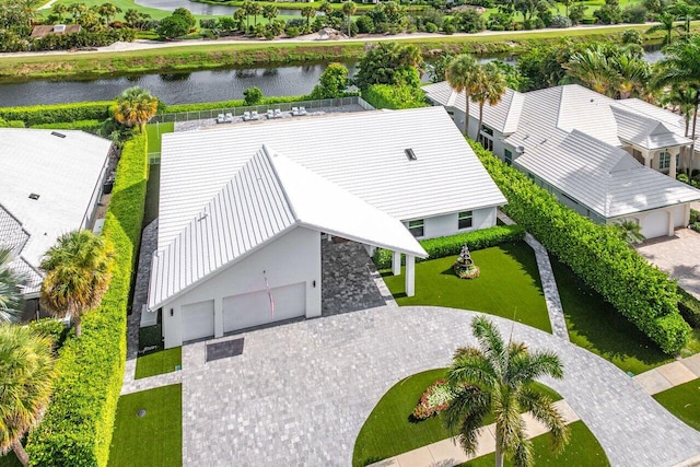 aerial view featuring a water view