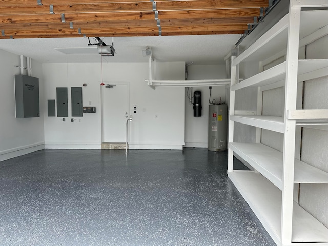 garage featuring a garage door opener, electric panel, and electric water heater