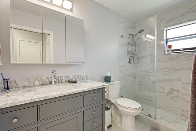 bathroom with vanity, toilet, and a shower with shower door