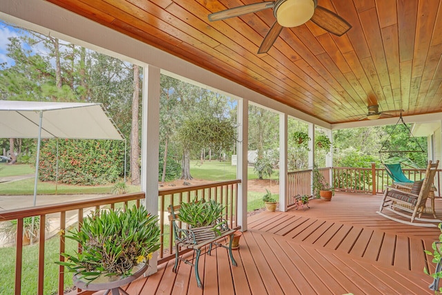 wooden terrace featuring ceiling fan and a lawn