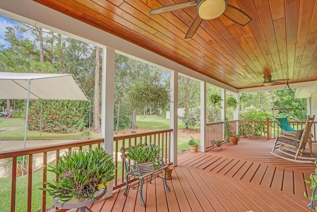 unfurnished sunroom with ceiling fan and wooden ceiling