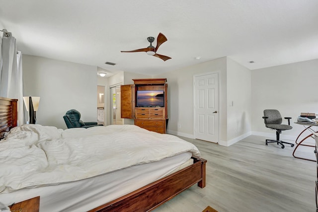 bedroom with ceiling fan and light wood-type flooring