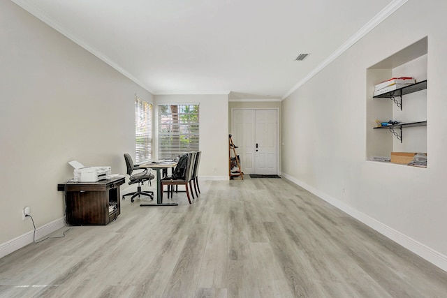 office space with light hardwood / wood-style flooring and ornamental molding