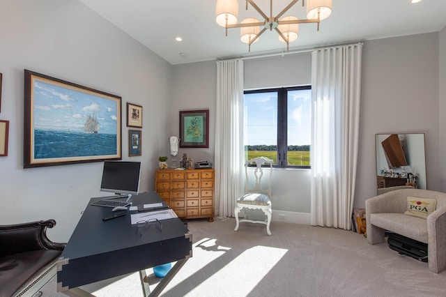 carpeted office space with a chandelier