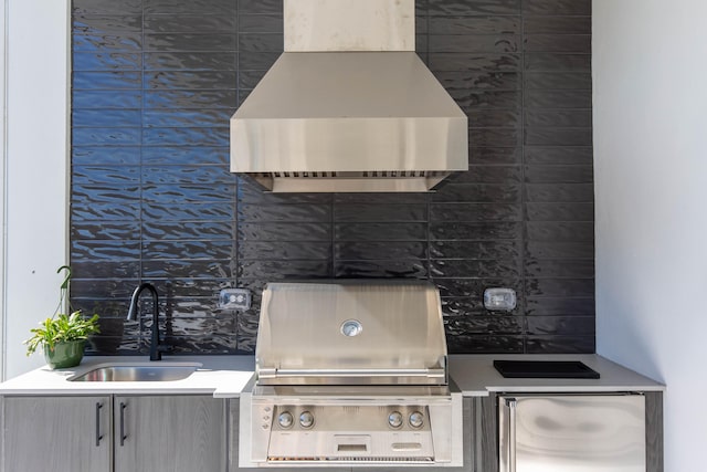 kitchen featuring sink, tasteful backsplash, and wall chimney exhaust hood