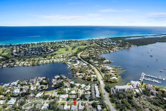 drone / aerial view with a water view