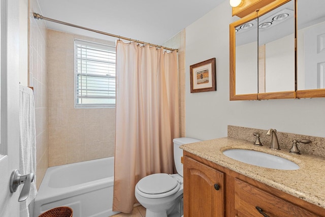 full bathroom with tile patterned floors, vanity, toilet, and shower / bath combination with curtain