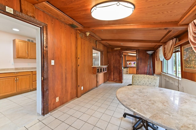 kitchen with wood ceiling, vaulted ceiling, and wooden walls