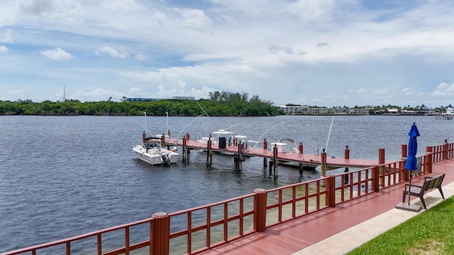 view of dock with a water view