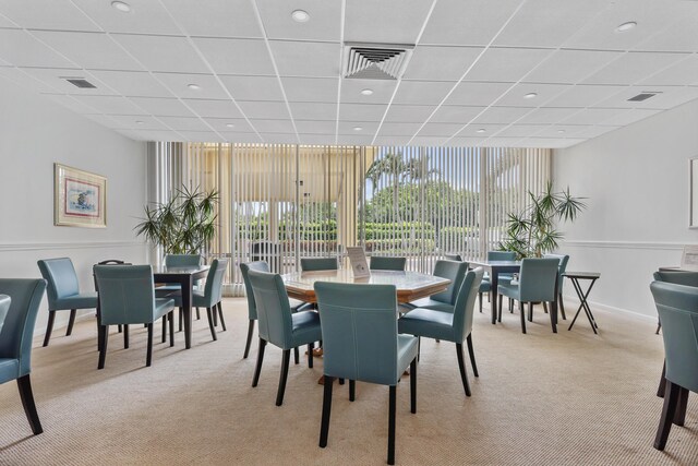 dining area with a drop ceiling, floor to ceiling windows, and light colored carpet