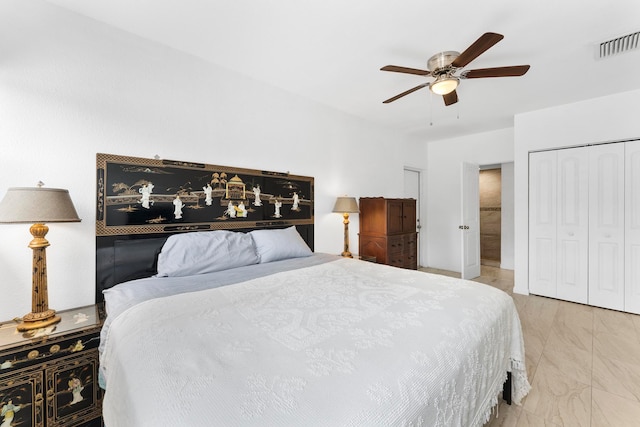 bedroom featuring ceiling fan and a closet