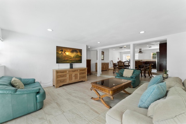 living room with light tile patterned flooring