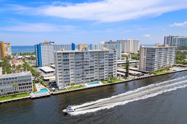 aerial view featuring a water view