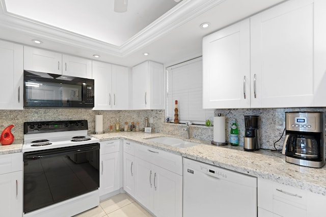 kitchen with sink, white cabinets, backsplash, white appliances, and crown molding