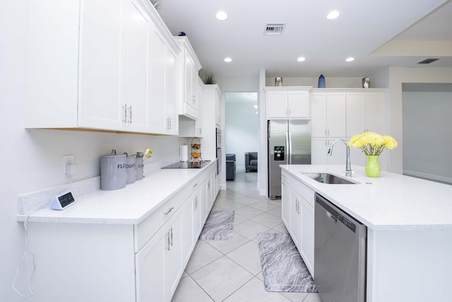 kitchen featuring white cabinetry, sink, a kitchen island with sink, and appliances with stainless steel finishes