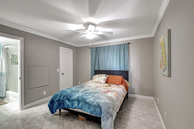 tiled bedroom with ceiling fan, ornamental molding, and a textured ceiling