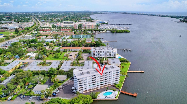 drone / aerial view featuring a water view