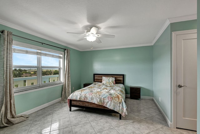 bedroom with light tile patterned floors, crown molding, and ceiling fan