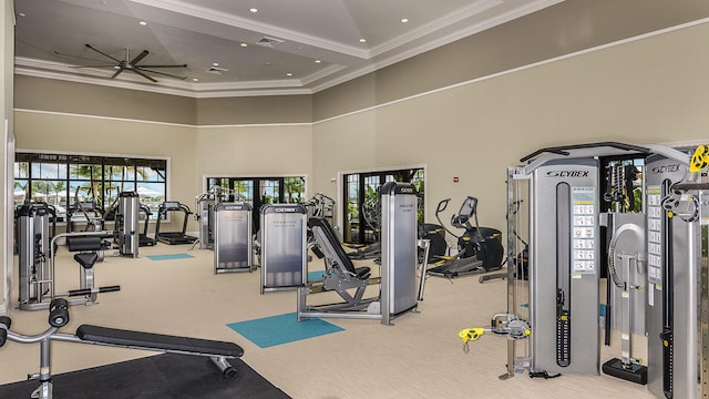 exercise room with ceiling fan, a wealth of natural light, a towering ceiling, and carpet