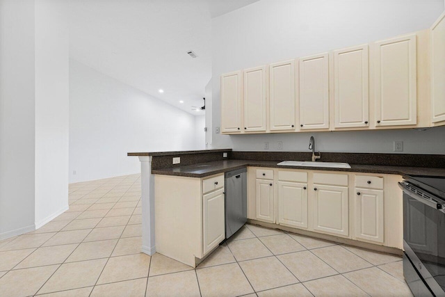 kitchen with sink, light tile patterned floors, stainless steel appliances, kitchen peninsula, and cream cabinetry