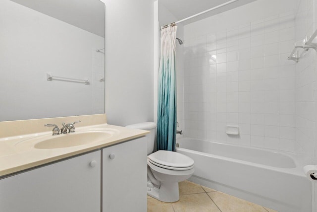 full bathroom featuring vanity, shower / tub combo, tile patterned floors, and toilet