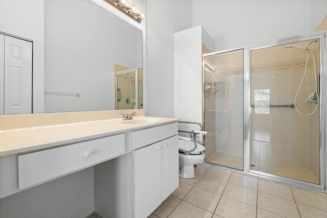 bathroom with tile patterned flooring, vanity, a shower with door, and toilet