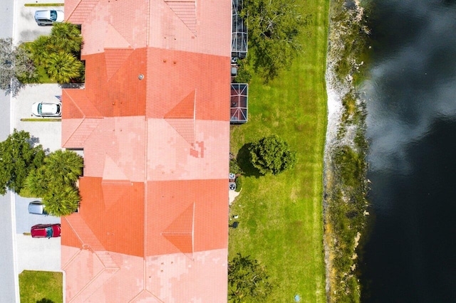 drone / aerial view with a water view