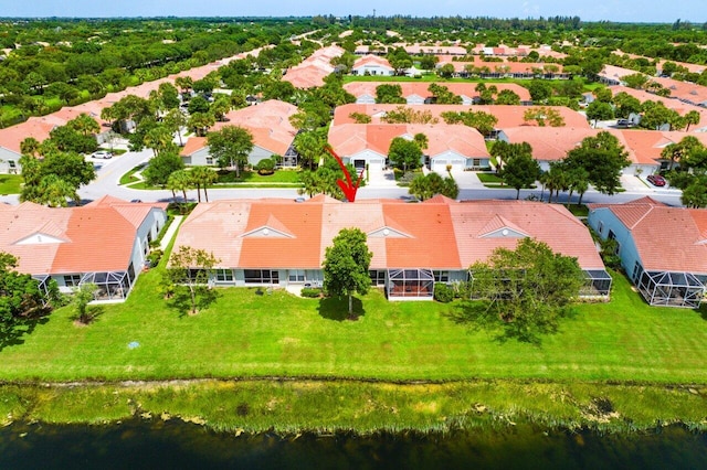 drone / aerial view featuring a water view