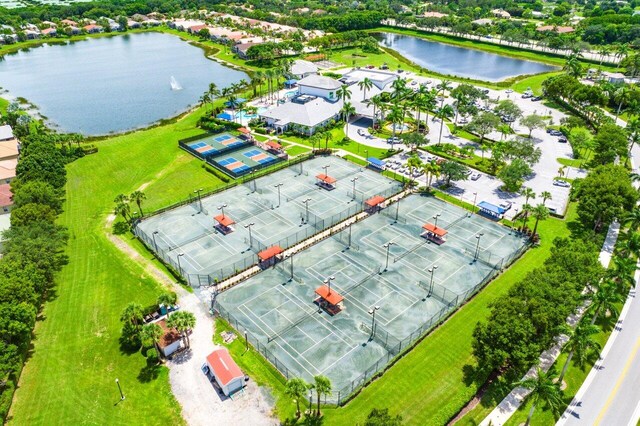 drone / aerial view featuring a water view