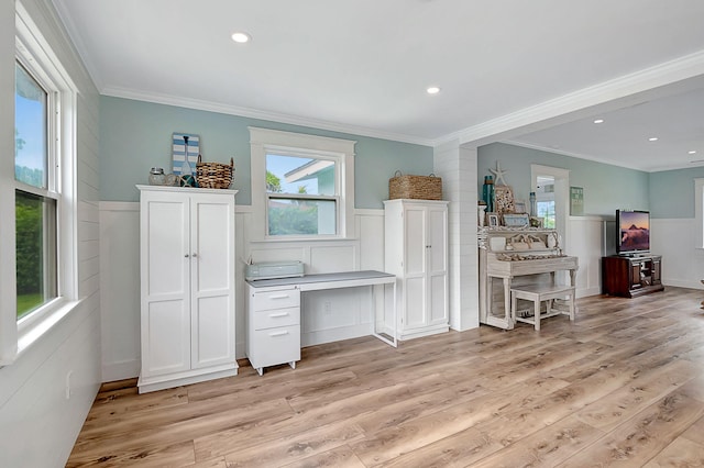 home office featuring recessed lighting, ornamental molding, light wood-style floors, and wainscoting
