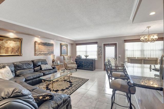 tiled living room featuring crown molding and a textured ceiling