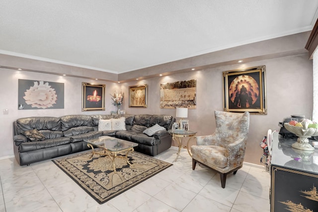 living room with tile patterned floors, a textured ceiling, and ornamental molding