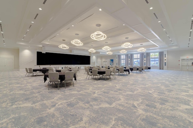 carpeted dining space with recessed lighting, a raised ceiling, and visible vents