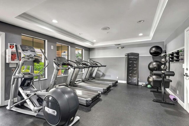 exercise room with crown molding and a tray ceiling