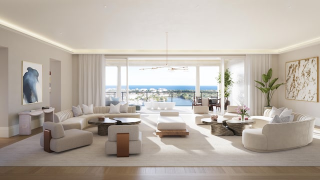 living room featuring crown molding, hardwood / wood-style flooring, and a water view