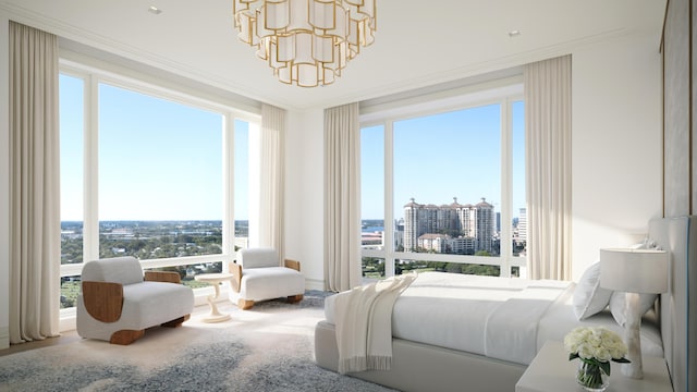 carpeted bedroom with an inviting chandelier