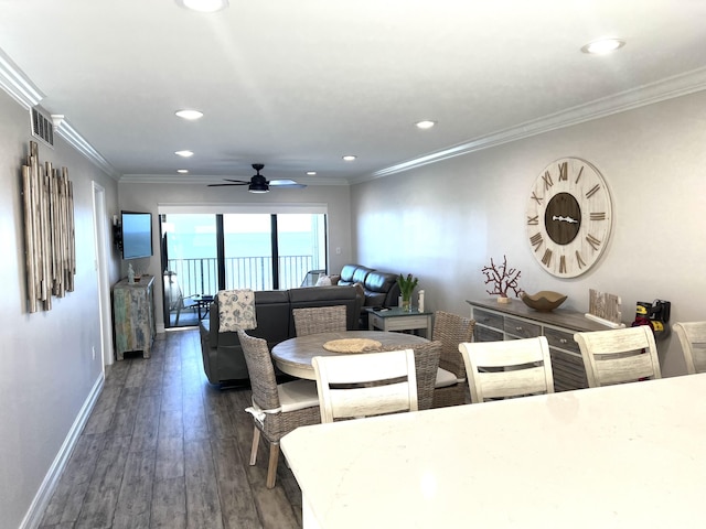 dining area featuring baseboards, a ceiling fan, ornamental molding, wood finished floors, and recessed lighting