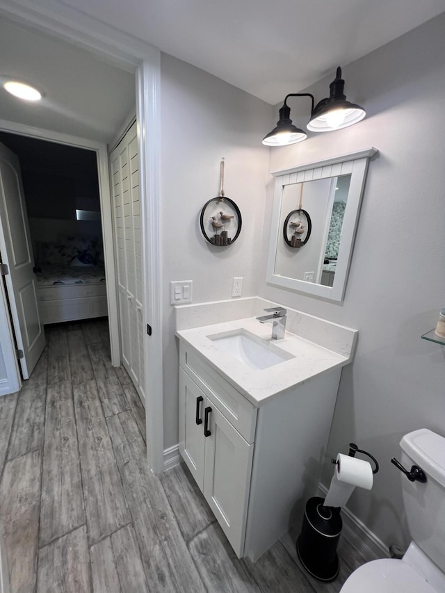 bathroom featuring vanity, wood finished floors, and toilet