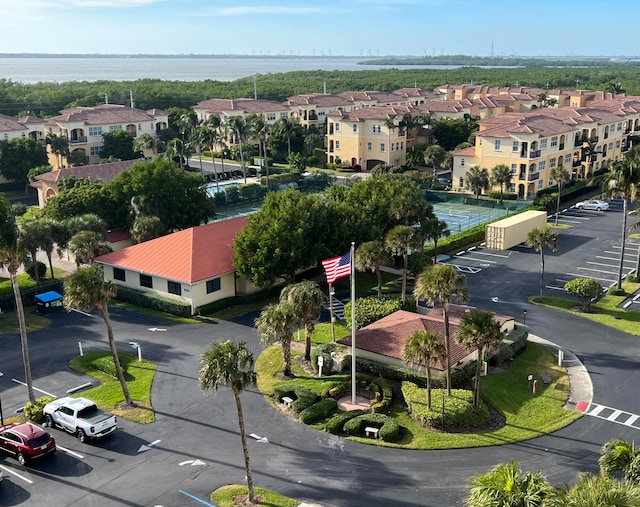 aerial view featuring a water view