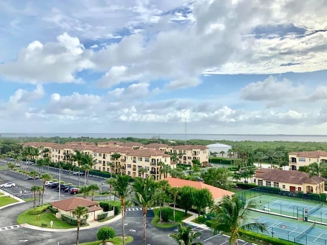 drone / aerial view with a water view