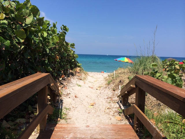 view of water feature featuring a beach view