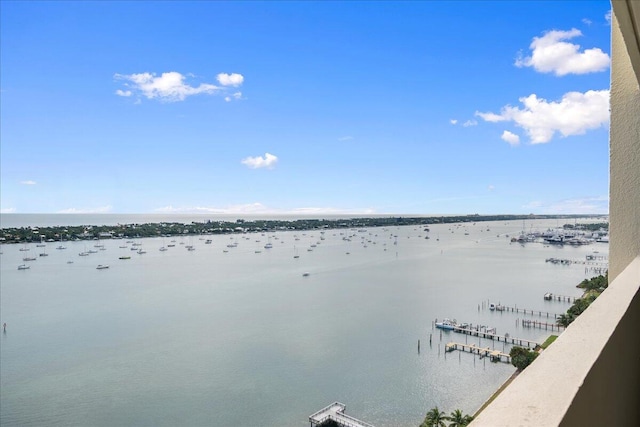 view of water feature with a boat dock