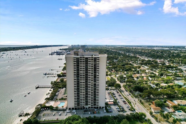 bird's eye view with a water view