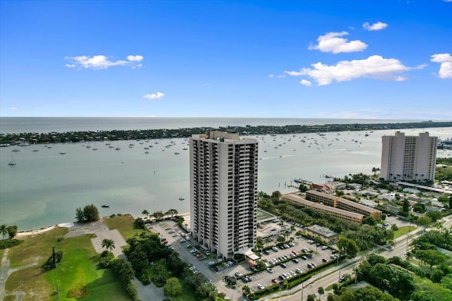 aerial view featuring a water view