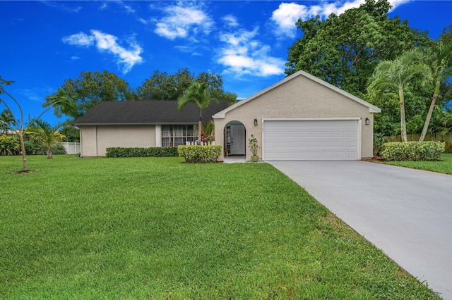 single story home with a front yard and a garage