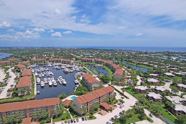 aerial view featuring a water view