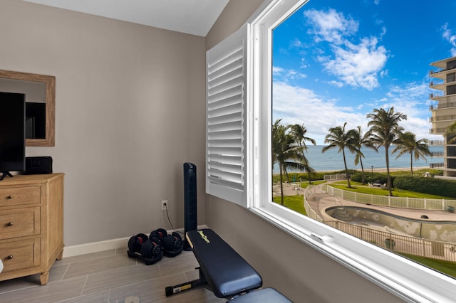 workout room with a water view and light wood-type flooring