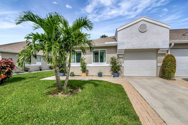 view of front of property featuring a shingled roof, a front lawn, concrete driveway, stucco siding, and an attached garage